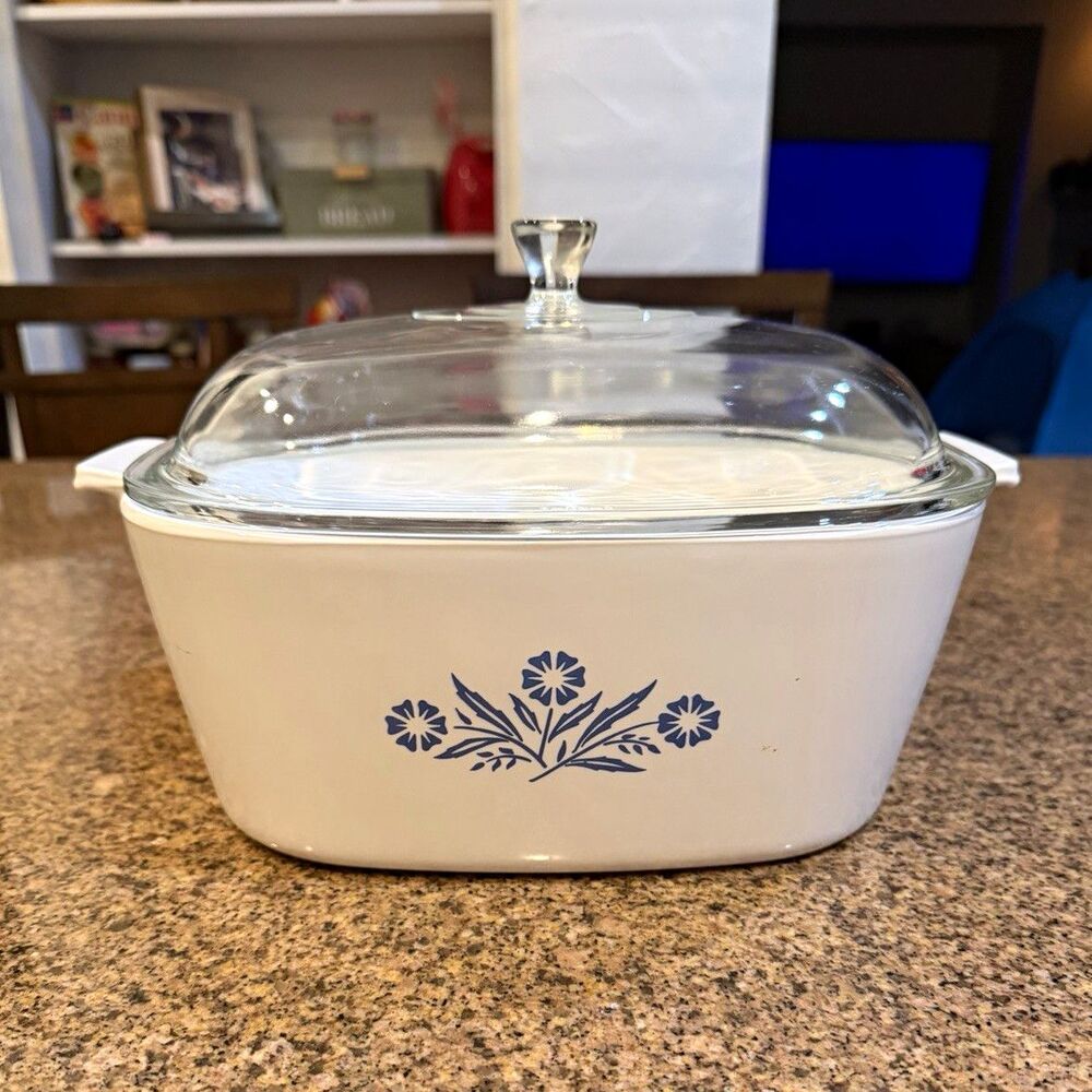 CorningWare 4Qt Square Floral Casserole Dish w/ Glass Lid White/Blue Cottagecore